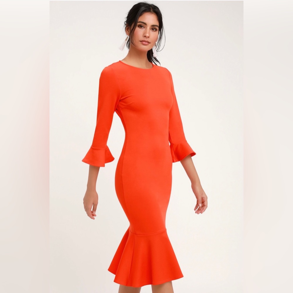Lulus Creme de la Creme Bright Orange Trumpet Hem Bodycon Midi Dress